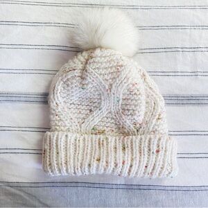 Cozy White Knit Fur Pom-Pom Hat women’s confetti pattern winter fun cozy warm